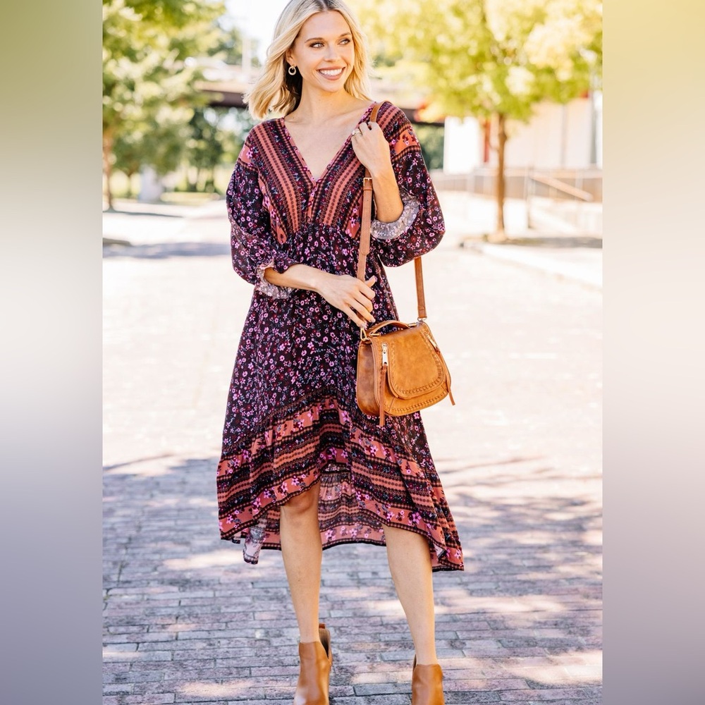 Umgee Floral Deep V-Neck Dress High Low Hem Prairie